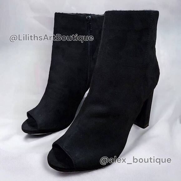Fashion Nova Black Suede Peep Toe Ankle Block Heel Booties(F007)Size 10 - Picture 5 of 12